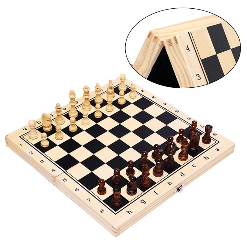 1 Set Foldable Chess Checkers Set Wooden Case Travel Chess Board Portable Classic Educational Toys for Home Kids Adults