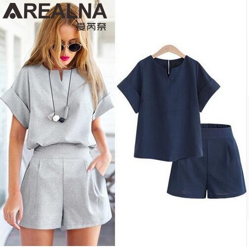 Women Summer Casual Cotton Linen V-neck short sleeve tops +shorts two piece set Female Office Suit Set Women's Costumes 5XL: Blue / 5XL