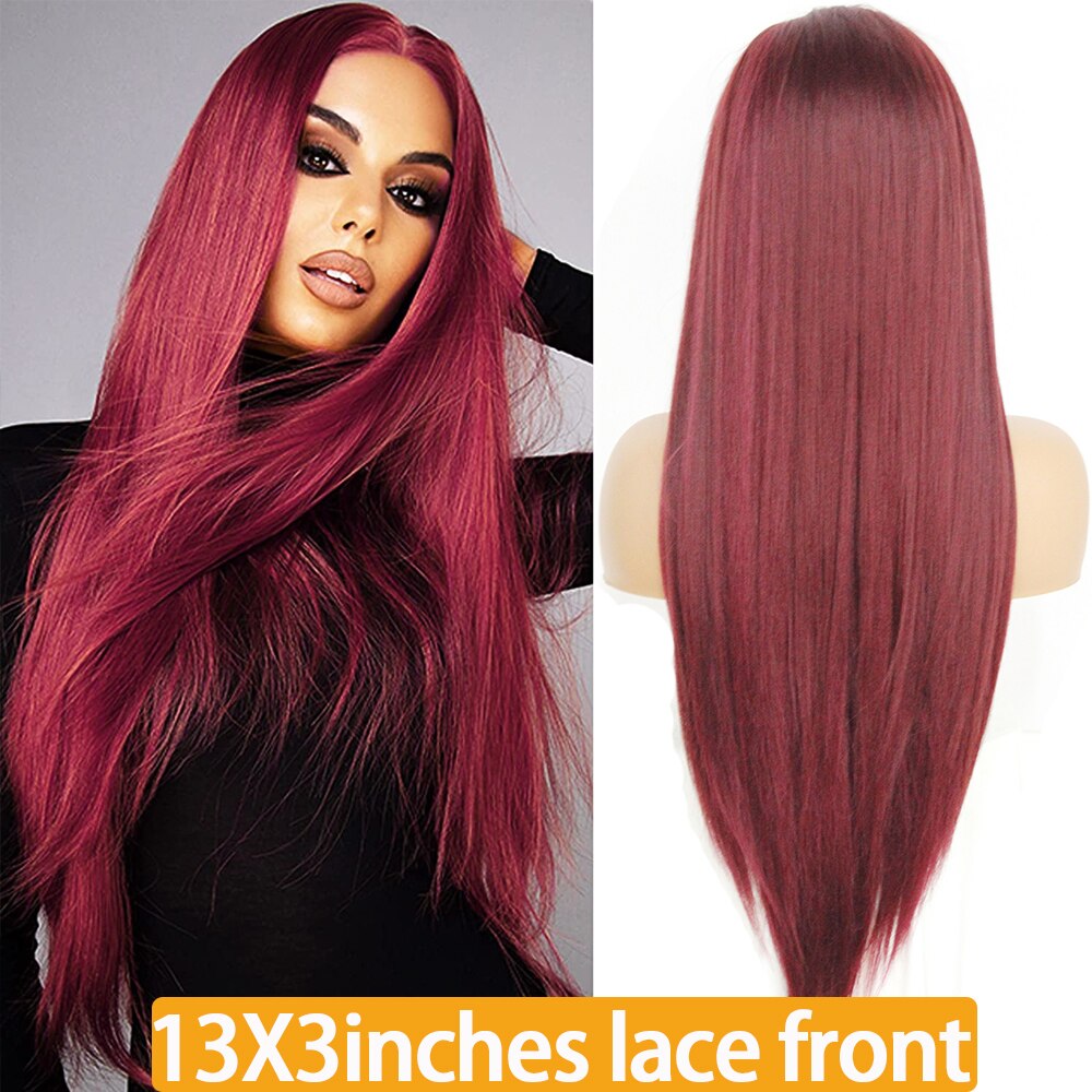 X-TRESS 13X3 Lace Front Synthetic Wigs For Women Black Colored Free Part Long Straight Soft Natural Daily Hair Wig 150% Density: Burg