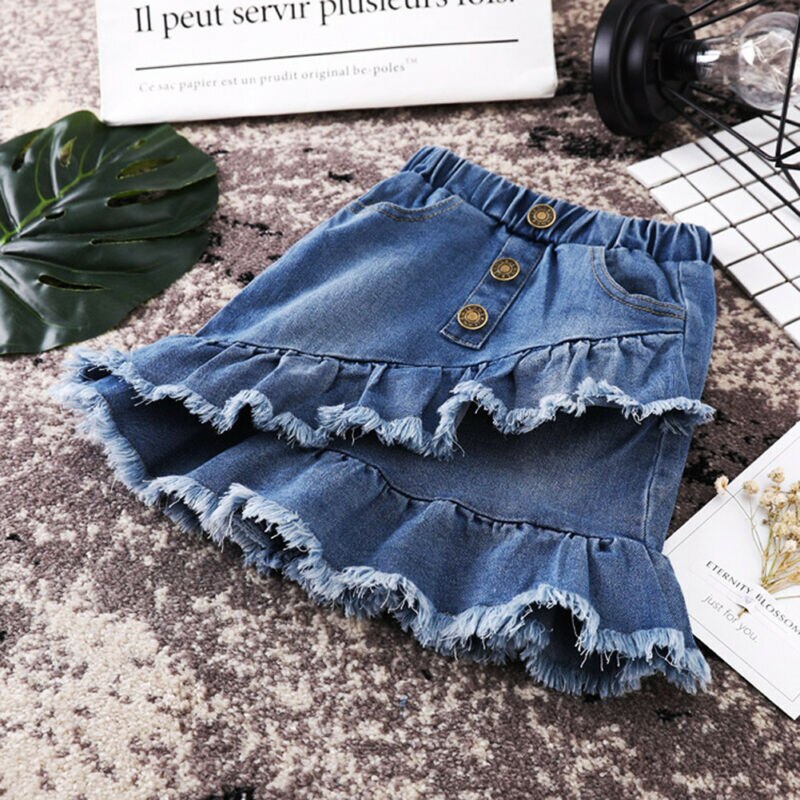 CANIS di Estate Del Bambino Delle Ragazze Dei Capretti Blu Denim Mini Skirt Ruffles Pulsante di Modo Bello Pannello Esterno Del Jean casual