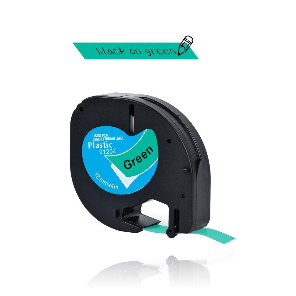 Yance 91201 kompatibel til dymo letratag plastiktape 12mm*4m sort på hvid  lt 91331 91330 18769 18771 til lt -100t etiketmaskine: Sort på grøn