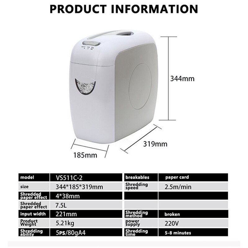 7.5L Electric Paper Shredder Office Home Paper Separation Crusher Destroyer Guillotine Broken Card Document 4 *38mm VS511C-1 1pc