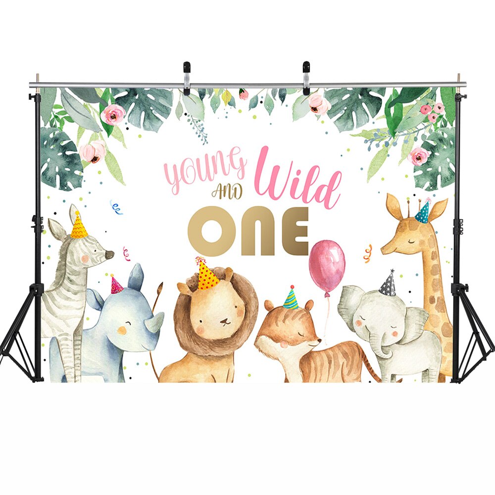 Cartoon Animal Jungle Birthday Backdrop - Kids Forest Photo Studio Prop - Green Leaf Balloons
