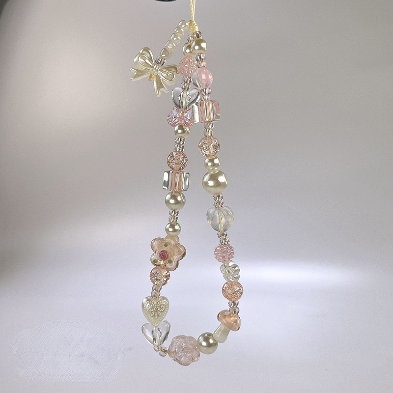 Cute Glass Bowknot Flower Bead Phone Strap Charm Chain Knot Cellphone Lanyard Keychain Girl Bag Camera Pendant for Airpods Case: Default Title