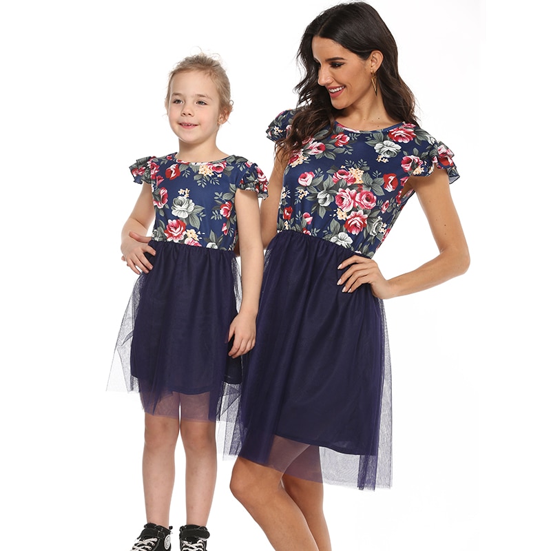 Short Sleeve Mother Daughter Matching Dresses Patchwork Mesh Family Look Mommy And Me Mommy And Baby Floral Outfits