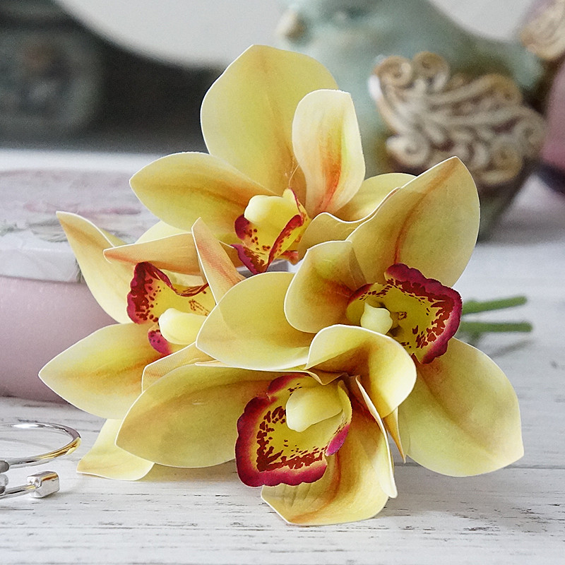Ramo de novia de orquídeas blancas, flores artificiales de látex, álbum de recortes DIY, Decoración de casa, 4 Uds. Por paquete: fall yellow