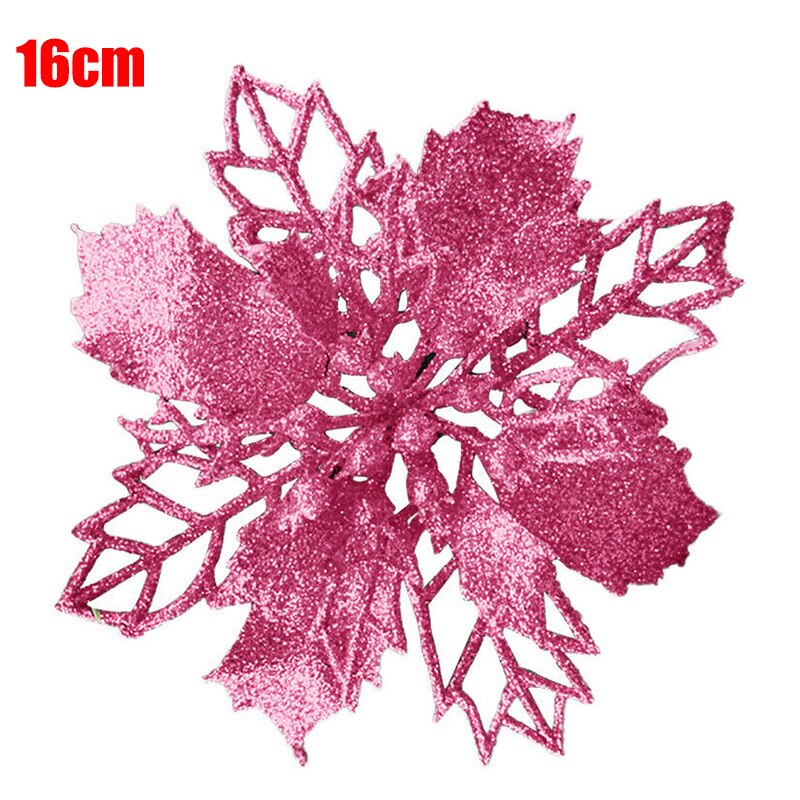 10 Pcs Christmas Poinsettia Glitter Flower Hollow Tree Hanging Decoration for Home Party DC120: Rose Red-16cm