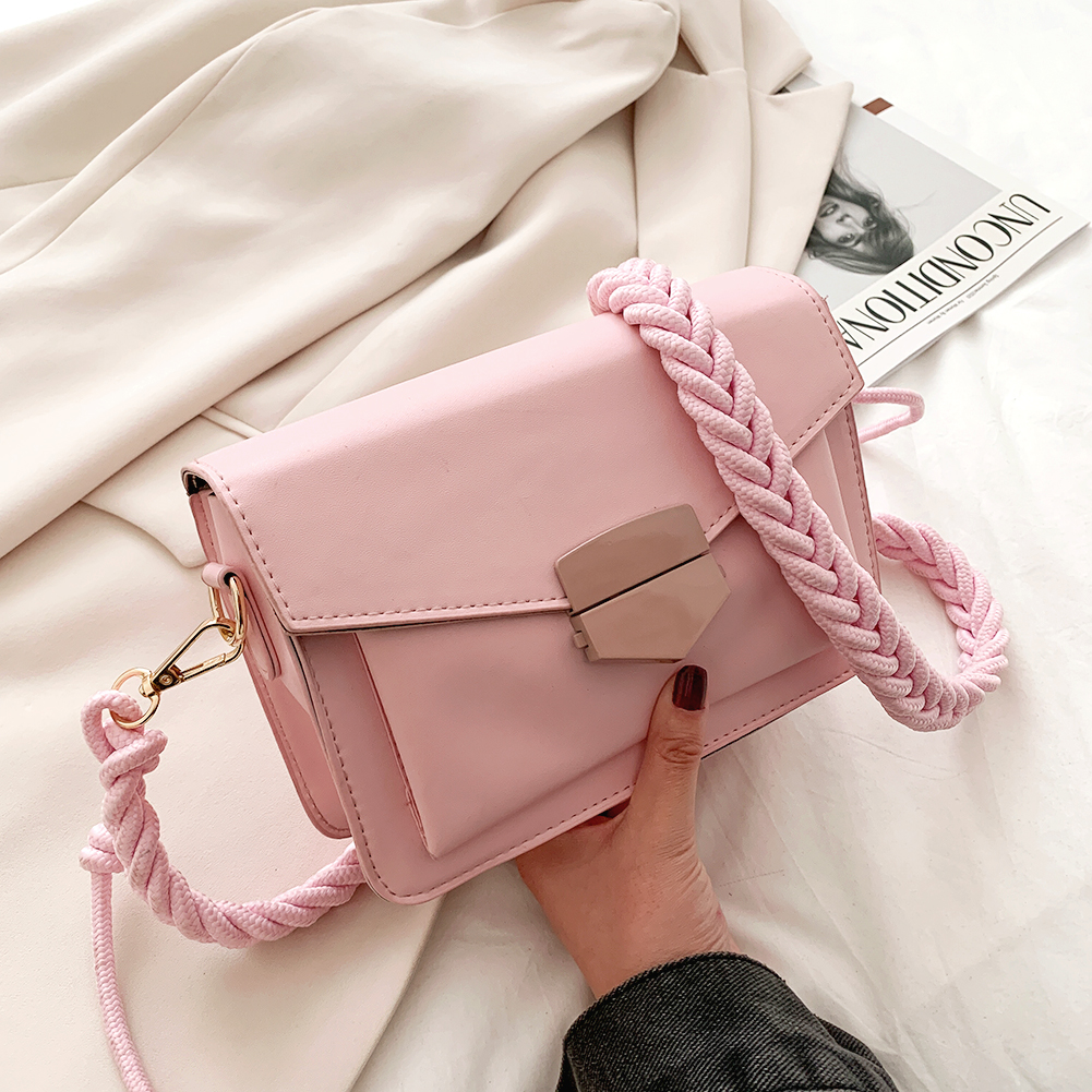 Women Candy Color Crossbody Bags Small Square Shoulder Handbags Female Purse Braided Classic Flap Crossbody Shoulder Bag: Pink