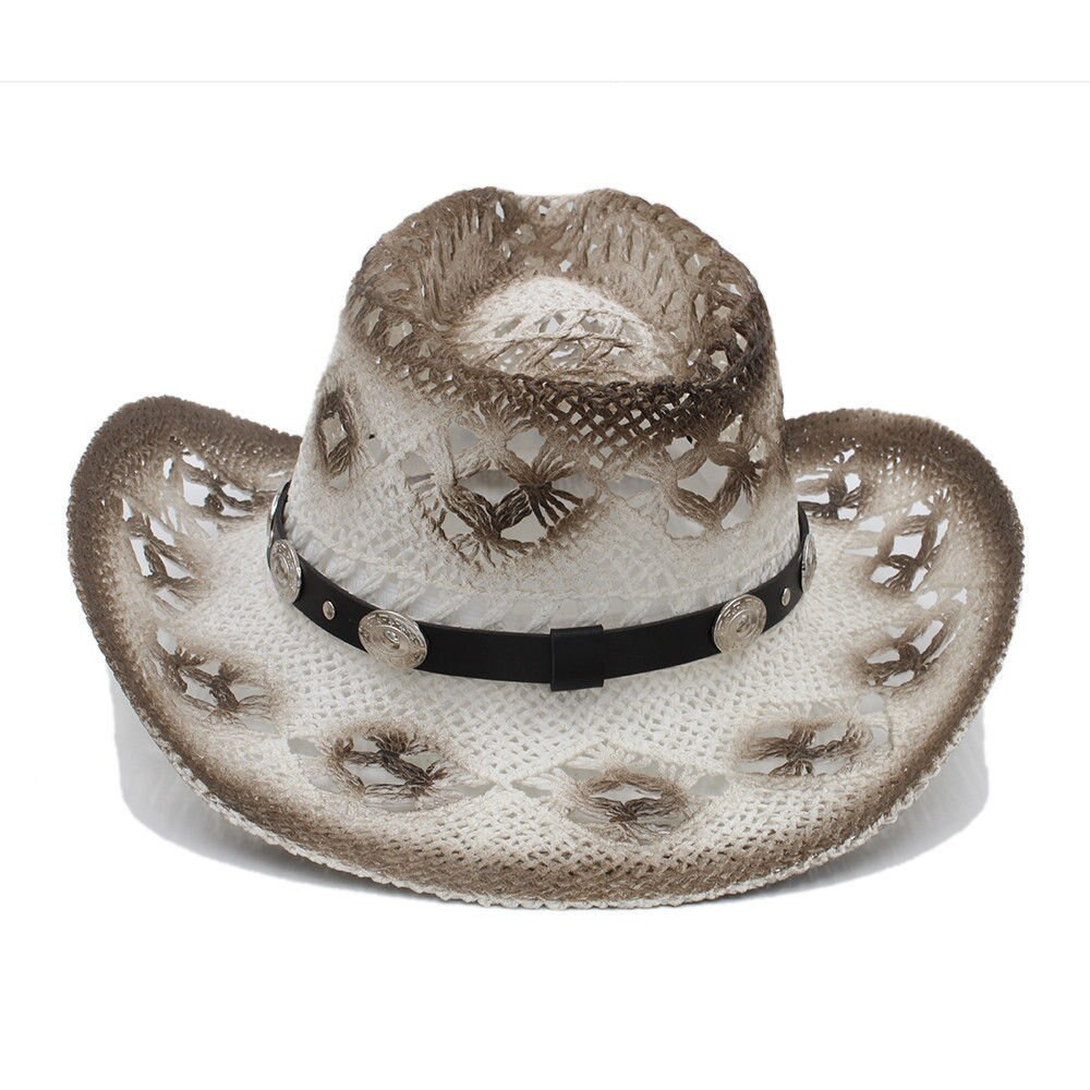 Frauen Männer Western Cowboy Hut Mit Leder Punk Band Handgemachte Webart Strand Sonne Sombrero Cowgirl Hut Größe 58 cm A0066