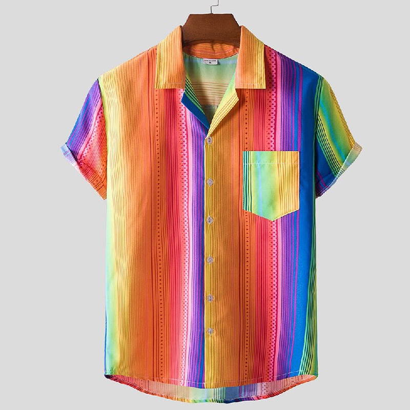 Rainbow Striped Shirts Men Beach Hawaiian Casual Mens Shirt Oversized Camisas Daily Harajuku Short Sleeve Streetwear