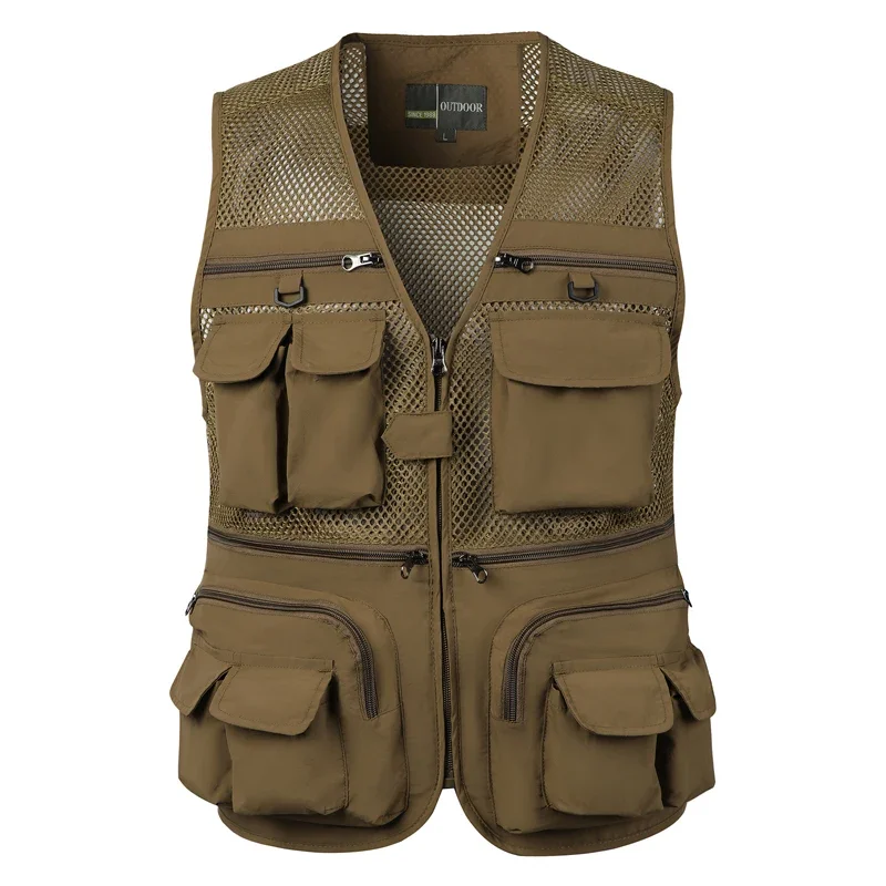 Männer draussen Angeln Weste Sommer Einfarbig Multi-Tasche lässig Gittergewebe Atmungsaktive Ärmellose Wandern Reißverschluss Jacke Vestdropshippi: 4XL / khaki