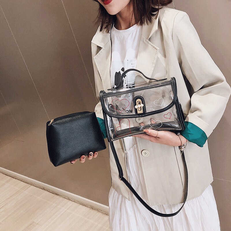 Women PVC Transparent Handbag See-through Beach Bag Clear Jelly Purse Clutch Tote PU Leather Handbag Messenger Bag