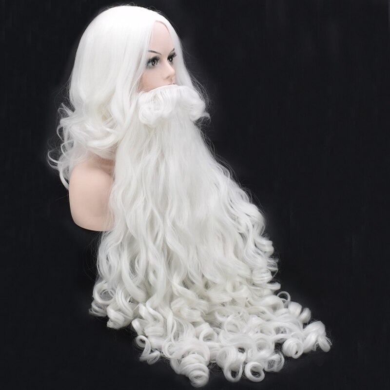 Peluca navideña Cosplay barba Santa Claus pelo sintético largo rizado blanco resistente al calor + gorro de peluca