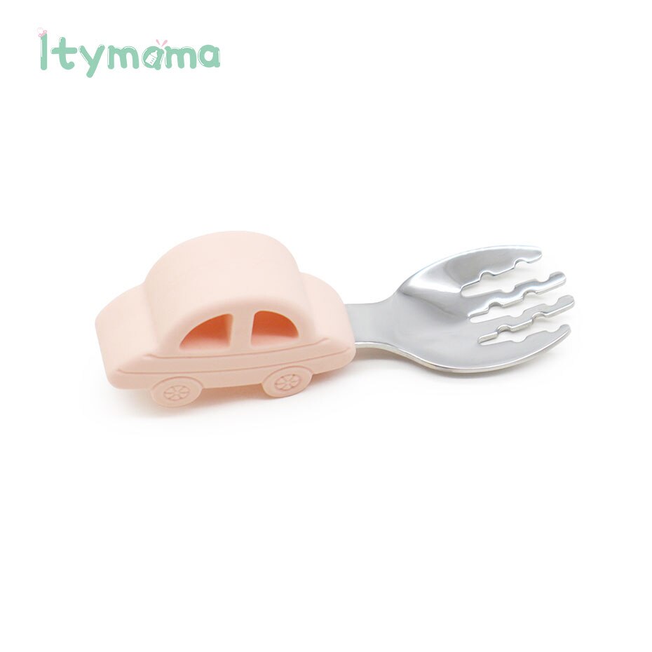 Baby matsked gaffel servis set rostfritt stål baby träning sked bil silikon handtag småbarn servis matningsverktyg: Kött gaffel