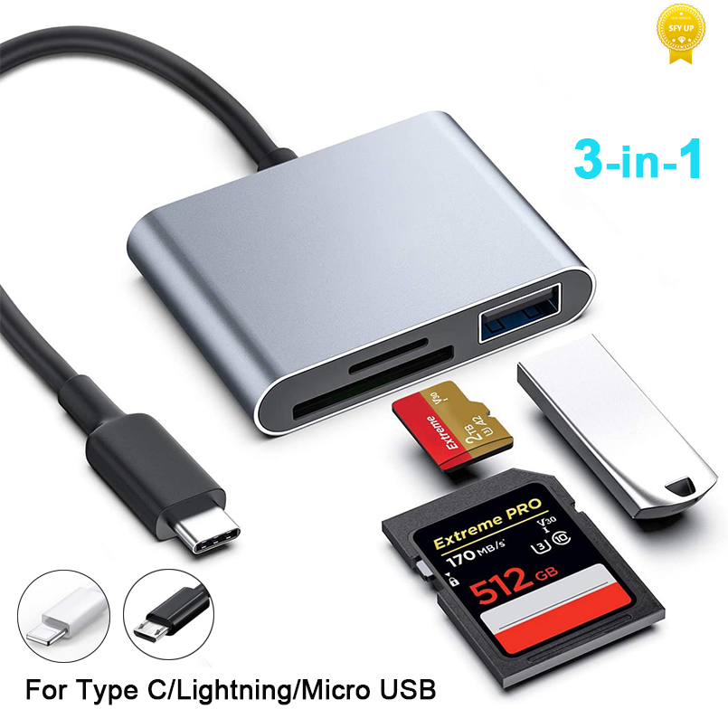 3 In 1 Type C/Lightning/Mirco Naar Sd/Tf Memory Card Reader, type C Naar Sd-kaartlezer Otg Hub Adapter Voor Macbook Camera Android