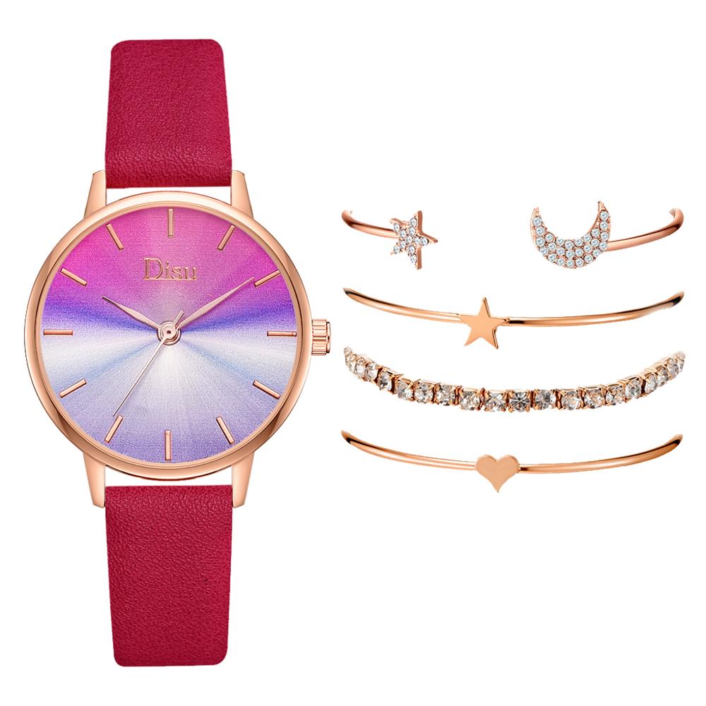 5 stk kvinder læder ure sæt gradient skive quartz ur dame armbåndsur luksus star armbåndsur: Rød 5 stk sæt