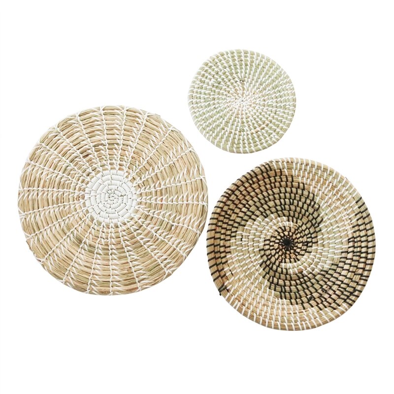 3pcs Boho Woven Wall Basket Decor Handmade Natural Seagrass Round Hanging Decorative Trays for Living Room Bedroom