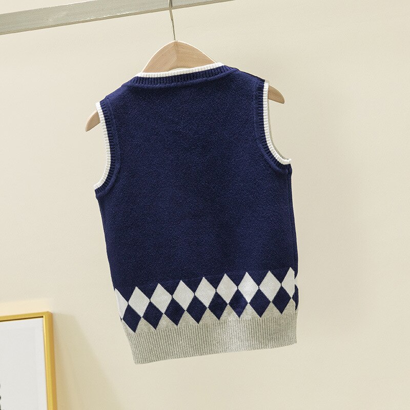 Geometric Rhombus Knit Vest for Big Boys Autumn Preppy Style School Uniform Baby Girls Sleeveless Outerwear Knitted Sweater