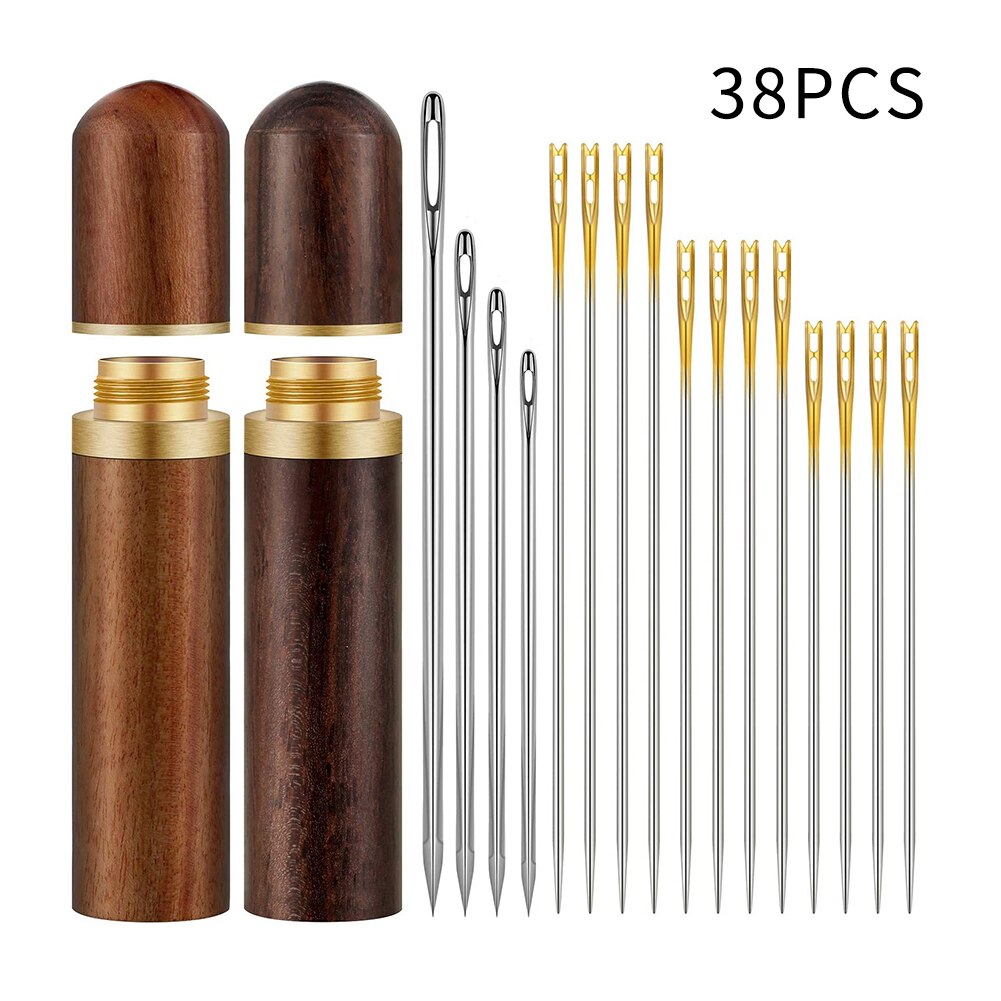 Wooden Needle Case With 12 Self Threading Needles Sewing Embroidery 24 Leather Stitching Big Hole For Storing Embroidery 38PCS