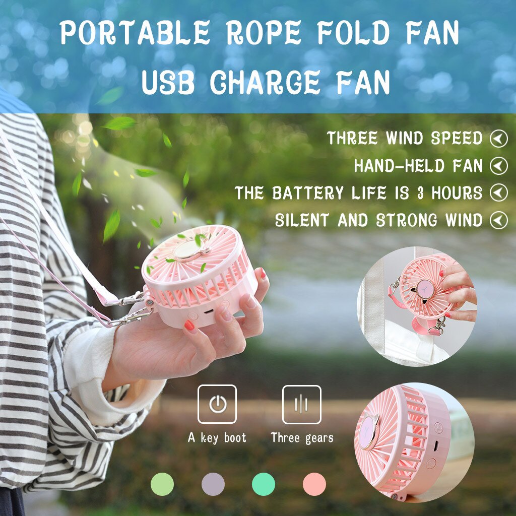 Rope Fold Fan USB Charge Fan Speed Adjustable 3 Speed Hanging Colorful Smart Home Portable Handheld Multi-function Mini Fan