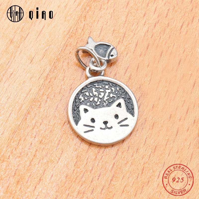 Een Stuk 14.8*12.3*1.3Mm 925 Sterling Zilver Handgemaakte Charms Cat & Fish Hanger Zilveren Bedel Dier hanger Voor Sieraden Maken