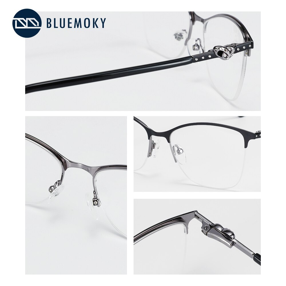 BLUEMOKY Alloy Metal Half frame Glasses Frames Semi-Rimless Spectacle Eyeglasses Frame for Women Prescription Optical Eyewear