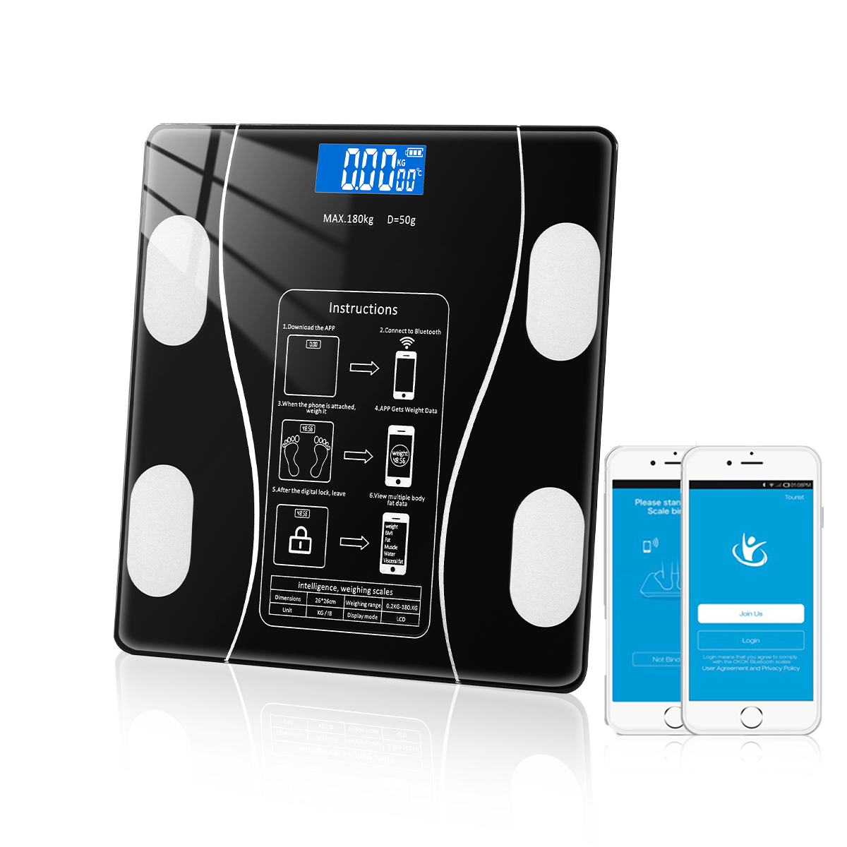 Bathroom Scales Wireless Bluetooth Body Fat Scale Smart Digital Weight Scale Body Composition Analyzer Body Weighing Scale: black