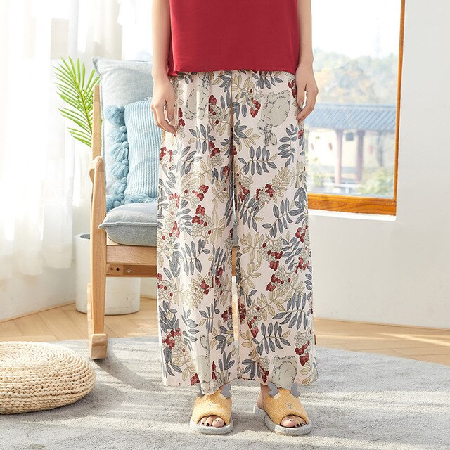 Summer Sleep Wear for Women Pajama Printing Loose Sleep Pants Calf-Length Pants Sleep Bottoms Home Wear: K11