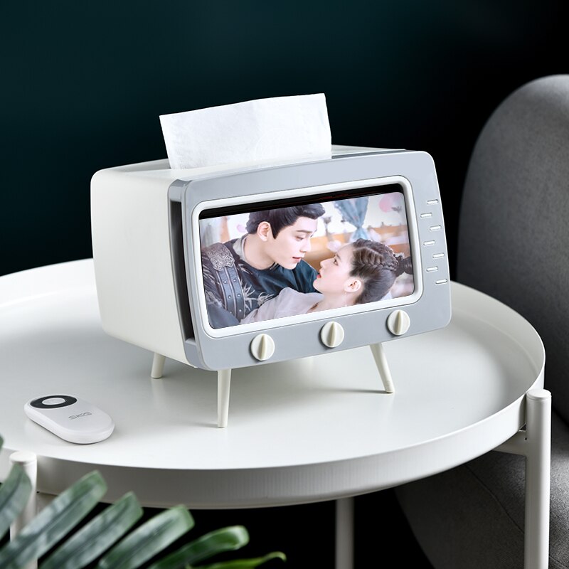 Boîte à mouchoirs créative en forme de télévision avec support de téléphone portable, distributeur Vintage pour serviettes de table, multifonctionnelle, nouveauté