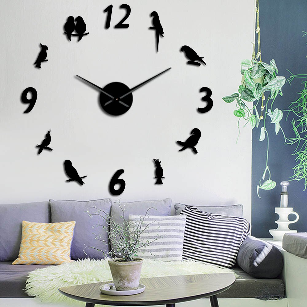 Parrot Acrylic Mirror Surface Wall Stickers Cockatoo DIY Giant Wall Clock Tropical Bird Wall Art Ornithology Home Decor Watch