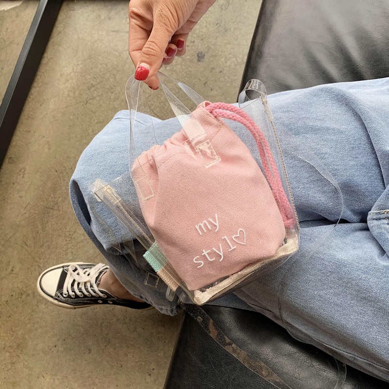Unik gjennomsiktig bøtteveske og 2 i 1 skulderveske crossbody bag bredde 12cm høyde 14cm tykkelse 8cm