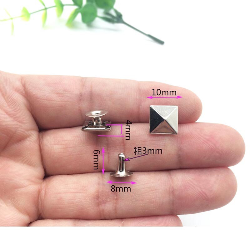 100 pezzi/lotto 10mm piramide base quadrata chiodo punk abbigliamento rivetto cap perno cap accessori per rivetti artigianali in pelle: 100 pezzi argento