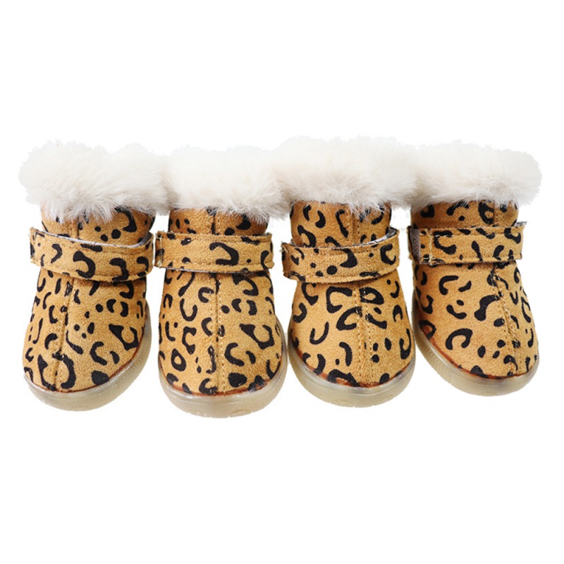 4 Stuks Leopard Gedrukt Hond Booties Zachte Gevlokt Pet Sneeuw Boot Winter Antislip Warm Kleine Hond Schoenen Voor teddy Bichon: Y / 4