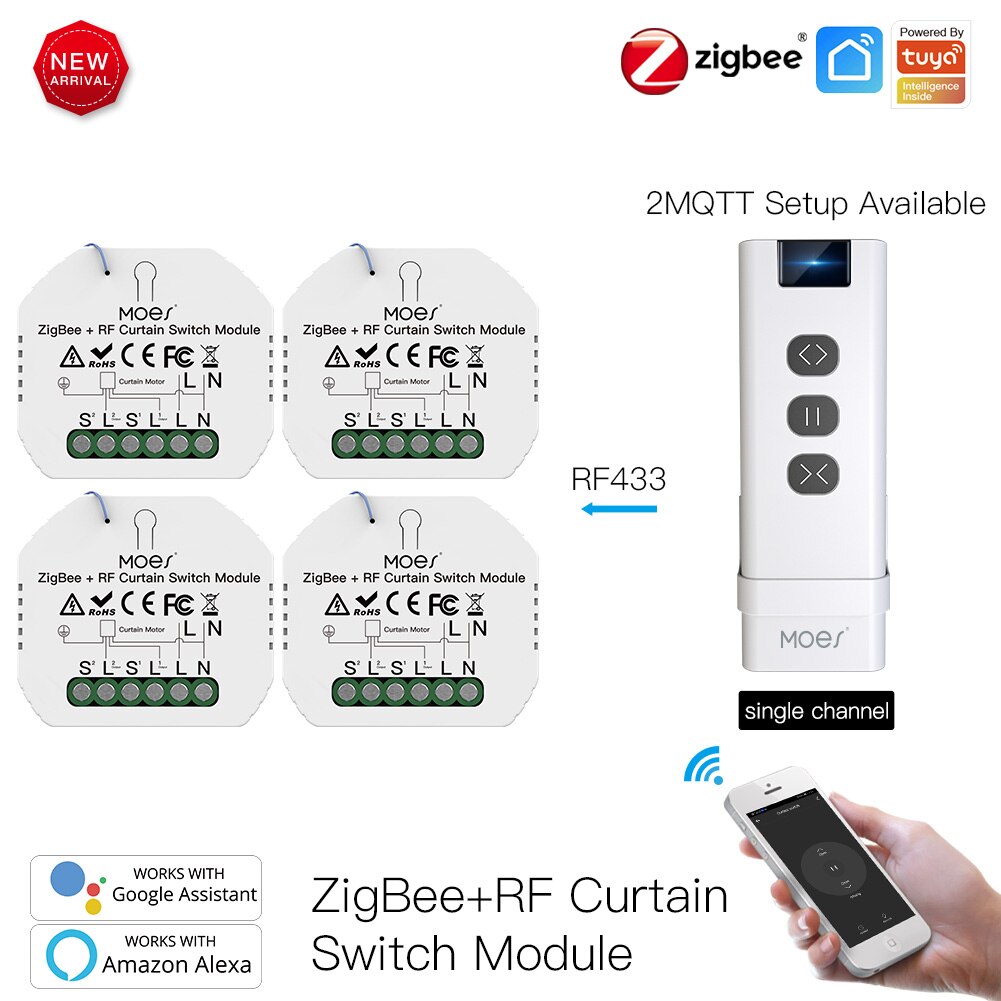 Moeshouse Zigbee Smart RF433 Gordijn Switch Module Voor Gemotoriseerde Rolluik Jaloezieën Motor 2Mqtt Smart Leven App Alexa Google