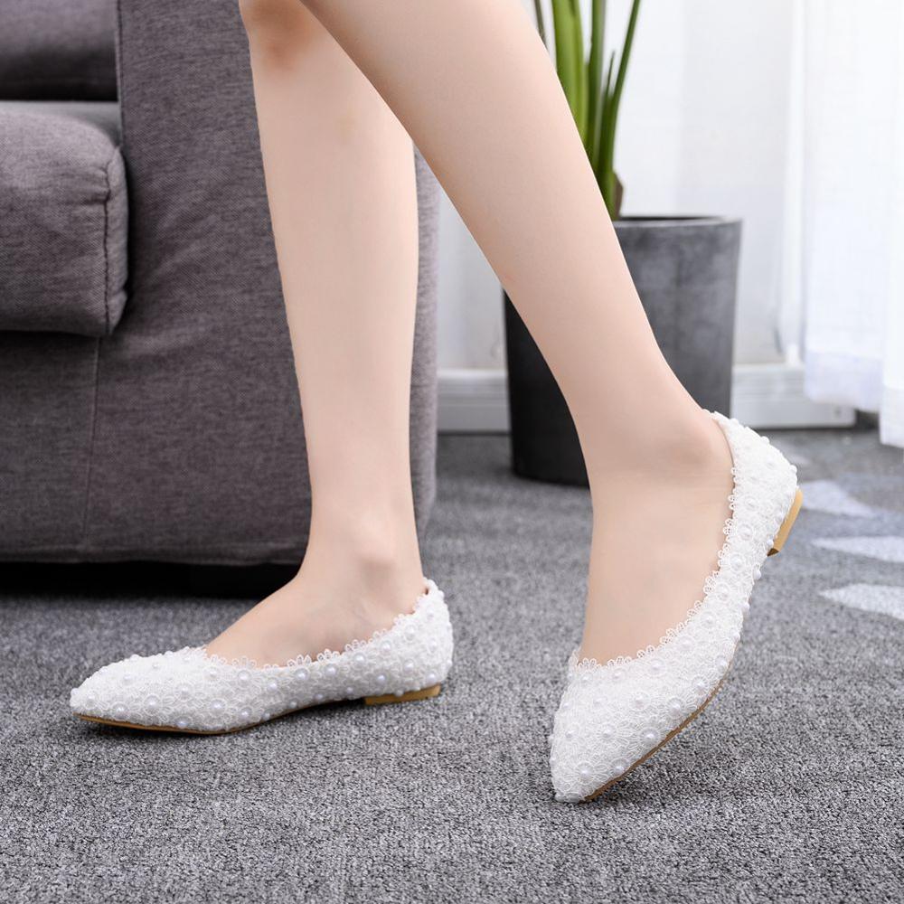 Crystal Queen Ballet Flats Witte Parel Kant Trouwschoenen Hak Schoenen Wees Teen Flats Vrouwen Bruiloft Prinses Flats big size 43