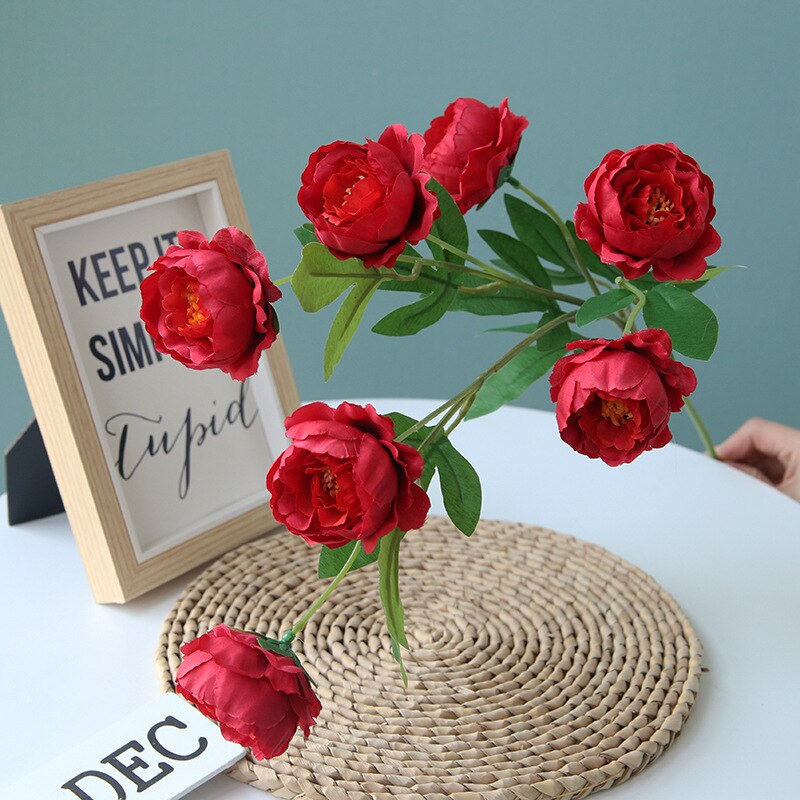 7 Heads Big Artificial Peony Flowers Long Stalk Silk Flowers Peonies Wedding Centerpieces Table Home Decorative Hanging Flowers: Red