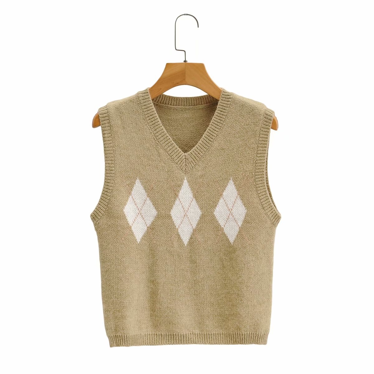 Efterårsstrikket tanktop kvinder vintage argyle sweater vest kvinder strik vest top cropped sweater veste plaid koreansk vest v-hals: Beige