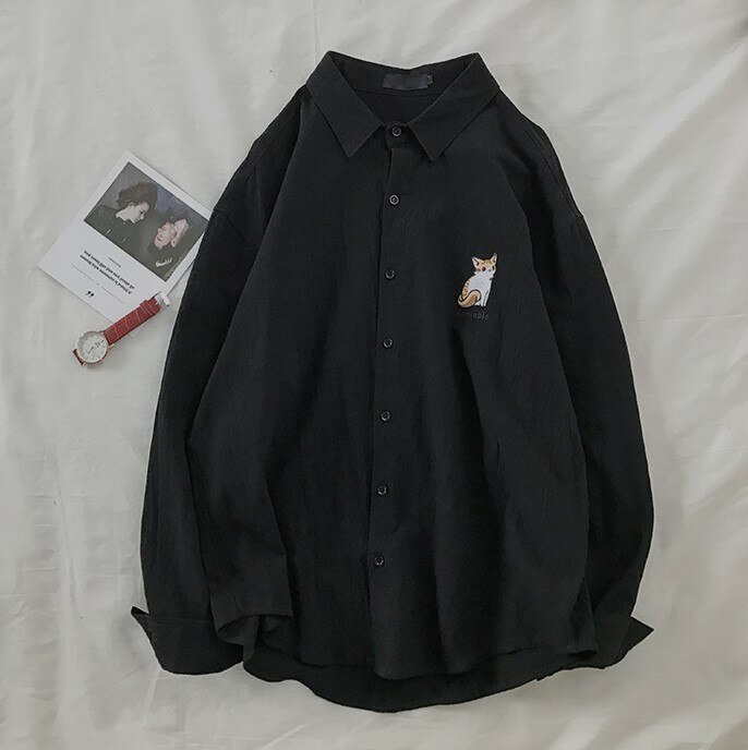 Long Sleeve Shirts Men Casual Japanese Style Shirt Mens Blouse Embroidered Pink Plus Size Students Clothes Aesthetic Blouses: Black / XXL