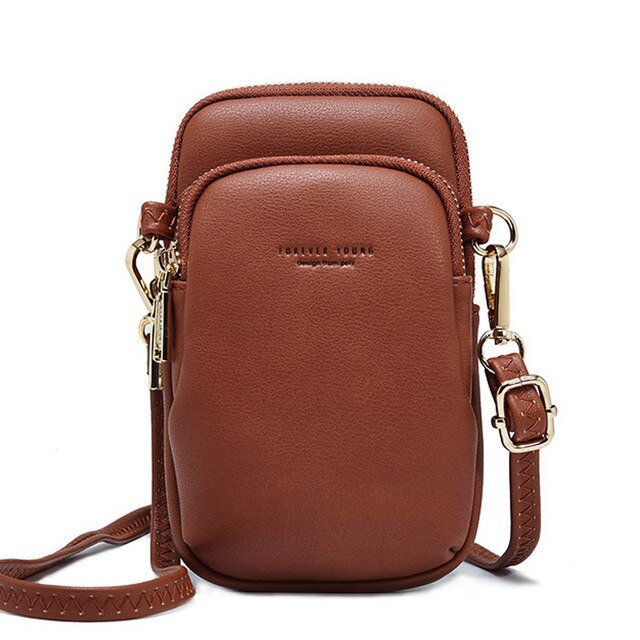 Kleine Schoudertas Voor Vrouwen Zacht Leer Mobiele Telefoon Dames Crossbody Bag Purse Vrouwelijke Mini Sac: Brown