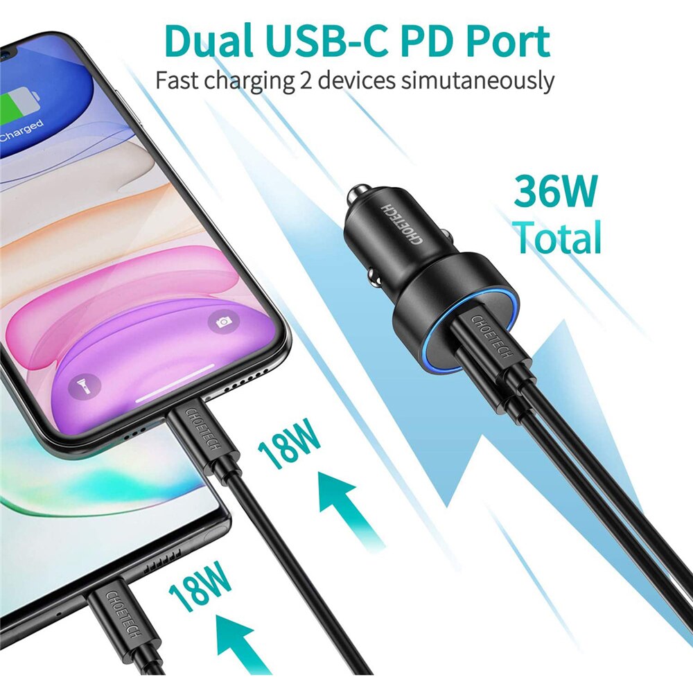 Choetech duplo usb c carregador de carro 36 w pd 3.0 qc3.0 tipo c adaptador de carregador de carro rápido para iphone 11/11 pro para samsung galaxy s20