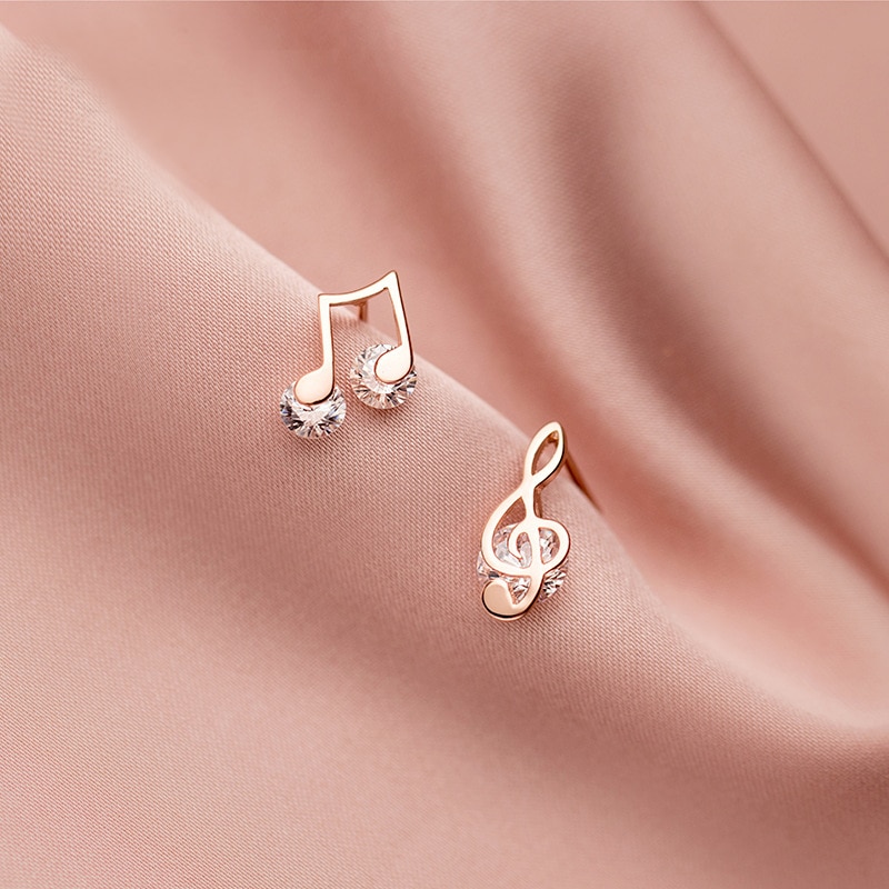 925 Sterling Silver Dainty Zircon Music Note Treble Clef Stud Earrings for Women Girls Music Lovers E0071