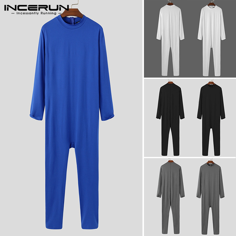Incerun Mannen Jumpsuit Pyjama Lange Mouw O Hals Homewear Leisure Nachtkleding Soft Fitness Effen Kleur Mannen Rompertjes Nachtkleding S-5XL