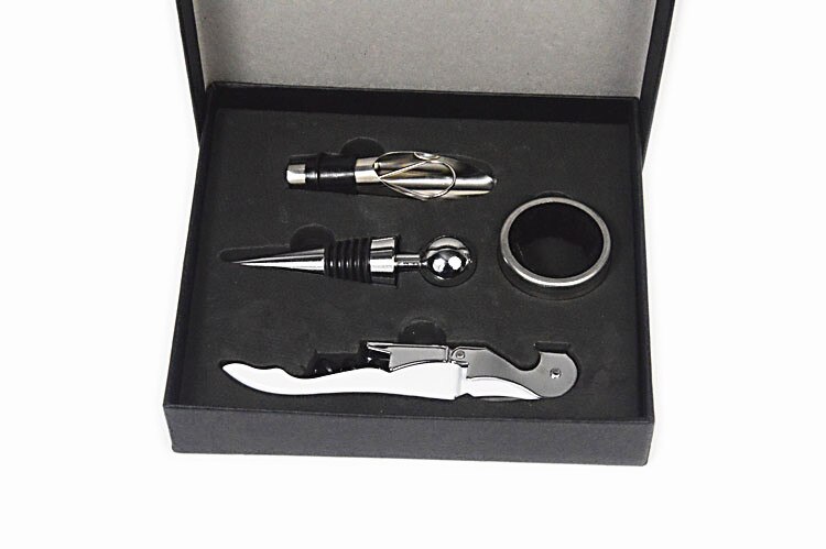 1 set 4 in 1 rode wijnflesopener kurkentrekker wijnflesopener + stop + ring + schenktuit set met doos willekeurige kleur  lj 014