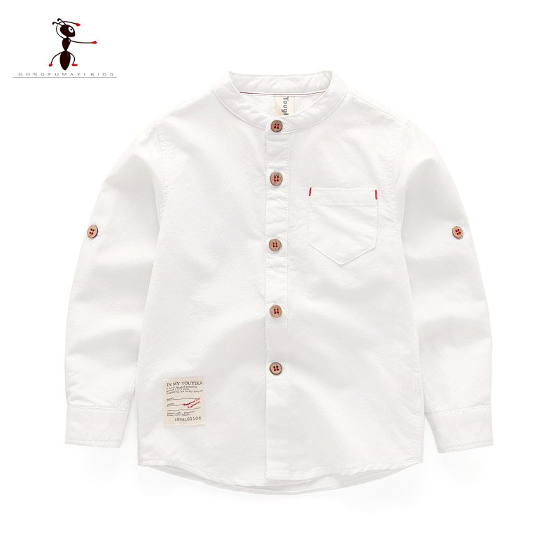 Kung Fu Ameise Frühling lässig Jungen Hemden Oxford Textil Baumwolle Weiß Hemden Taschen Oansatz Feste Baby freundlicher Kleidung 1825: Weiß / 7T