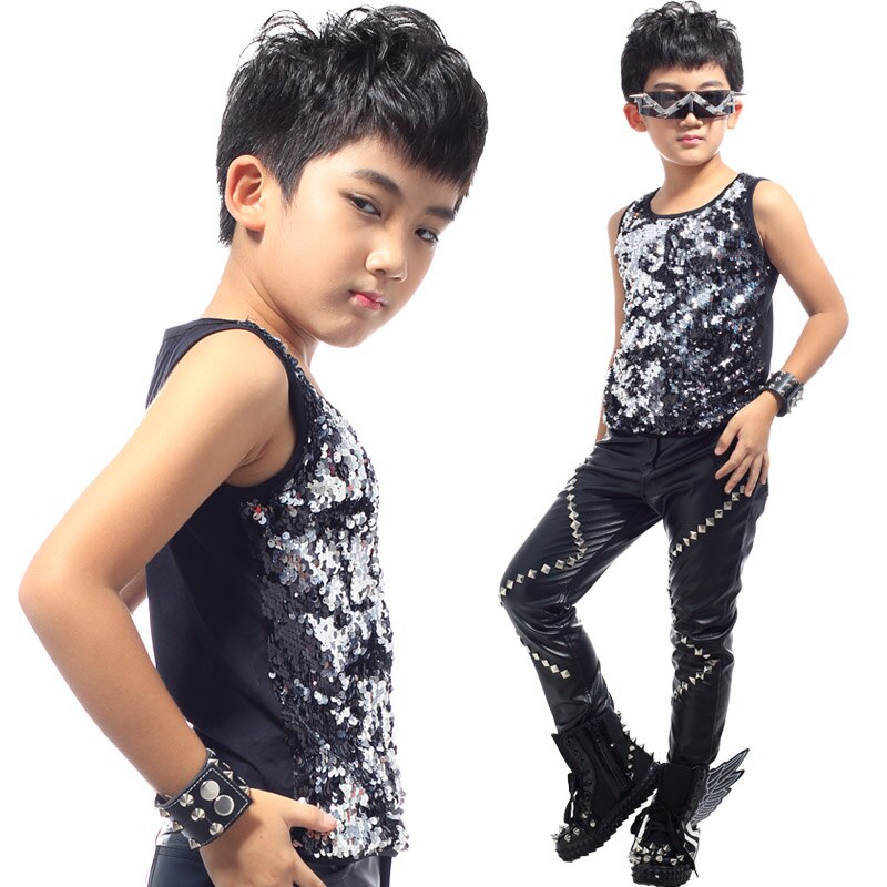 Trajes de Jazz para niños, chaleco con lentejuelas, Top, traje de chico de Hip Hop, ropa de actuación de baile, ropa de baile callejero, DNV10055