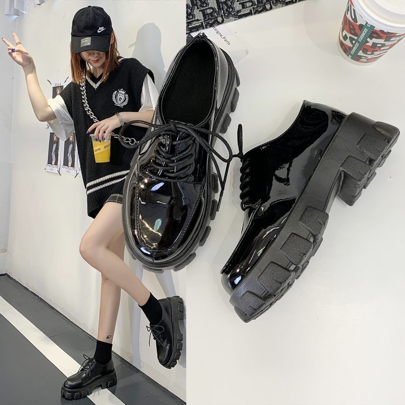 Zapatos Oxford de cuero negro liso para mujer, mocasines de plataforma de fondo grueso con cordones, informales, para otoño