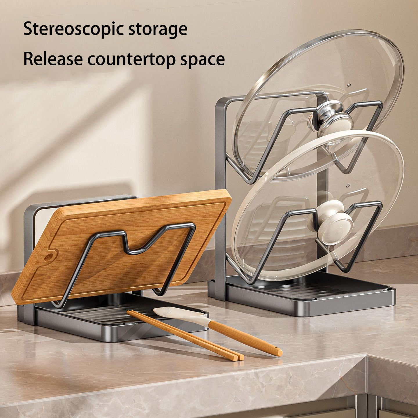 Kitchen Countertop Pot Lid Organizer Household Storage Drain Chopping Board Shelf Punch-free Storage Rack