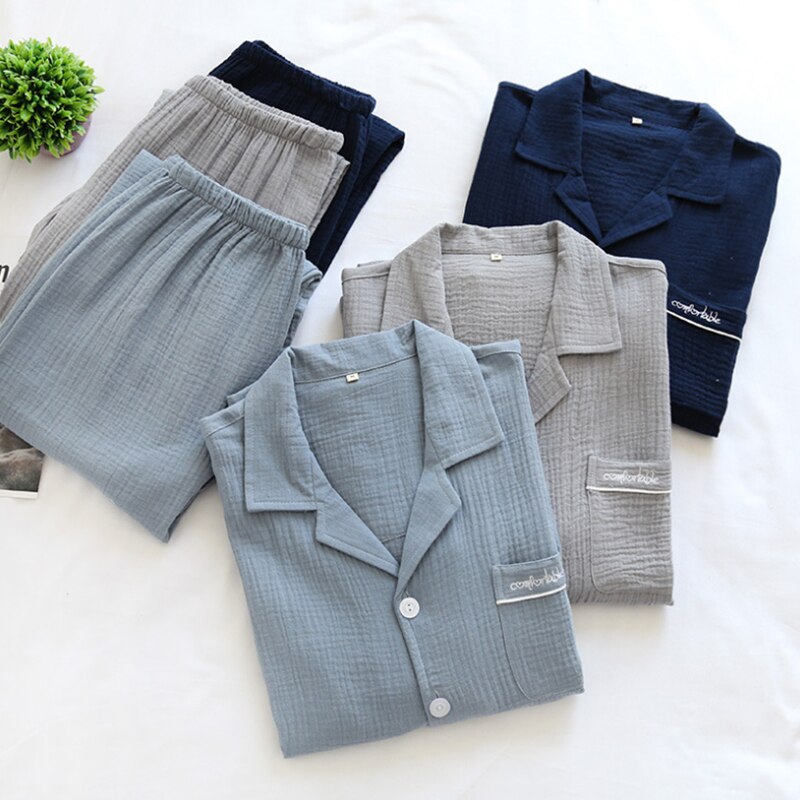 Pyjama en gaze et crêpe pour homme, vêtement de nuit en coton, couleur unie, taille élastique, grande taille, collection automne et hiver