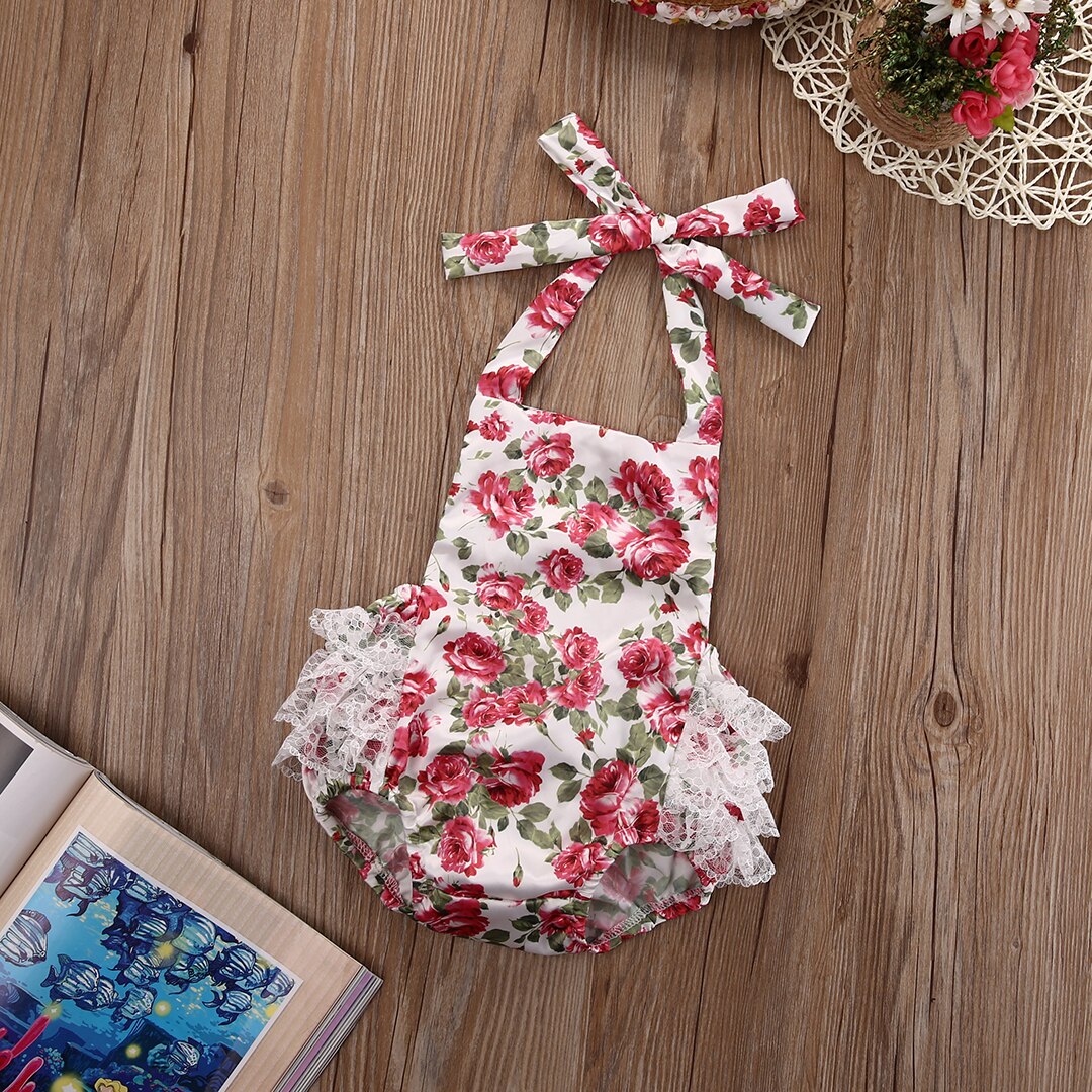 Hi Hi Baby Store 0-24M Newborn Baby Kids Girls Body Rose Flower Lace Jumpsuit Sleeveless Outfits Set
