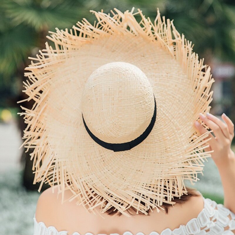 Sommer solhat med en bred rand kvinder bånd strand damer raffia halm hat frynser kvinder badehuer gorra hombre